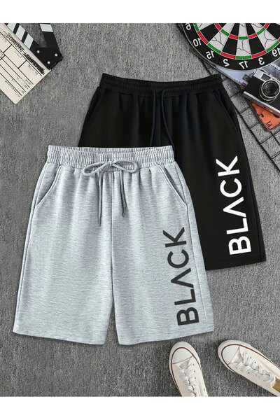 FUWEAR Gray - Black Color 2-Piece Large Size Black Printed Men's Bermuda Shor...