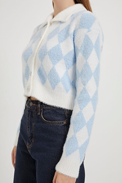 Arma Life Cardigan scurt pentru femei, cu model în carouri, albastru moale