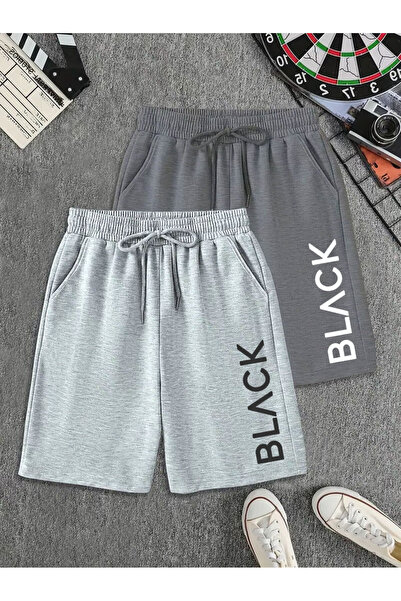 FUWEAR Gri - Antrasit Renk 2'li Büyük Beden Black Baskılı Erkek Bermuda Şort ...