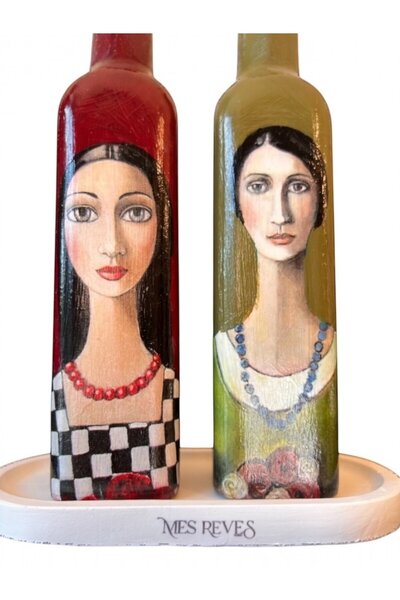 Mes Reves Handmade Artistic Oil Pot Set, Glass Bottle Design with Female Portrait, Vinegar Cruet & Sauce Bottle