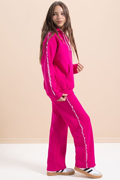 Cansın Mini Fuşya Kız Çocuk Şardonlu Dantel Detaylı 3 İplik Takım 21507