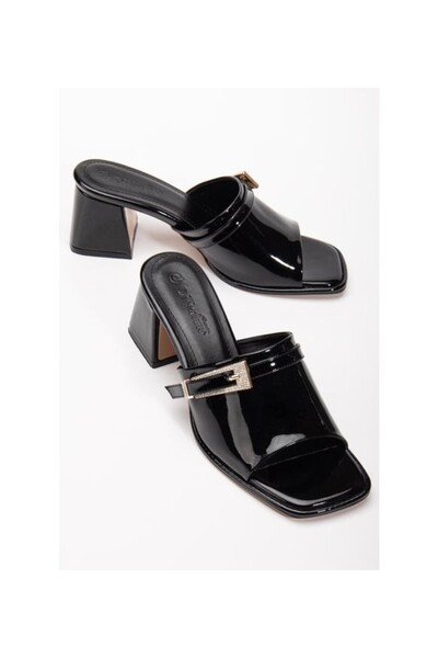 Erbilden Ziva Black Patent Leather Heeled Slippers