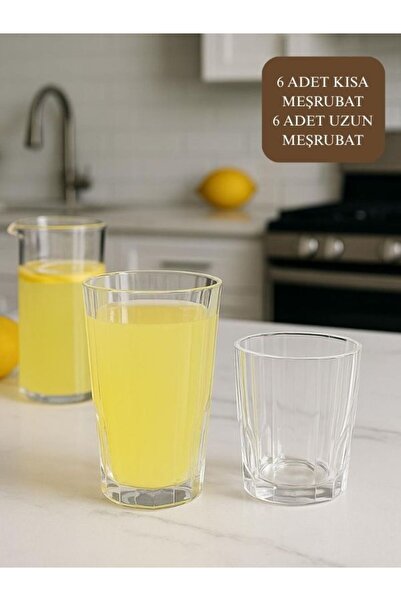 isra kristal Crystal Embossed Glass Cups Set of 12 - 6 Tall and 6 Short Water, Soft Drink and Cocktail Glasses