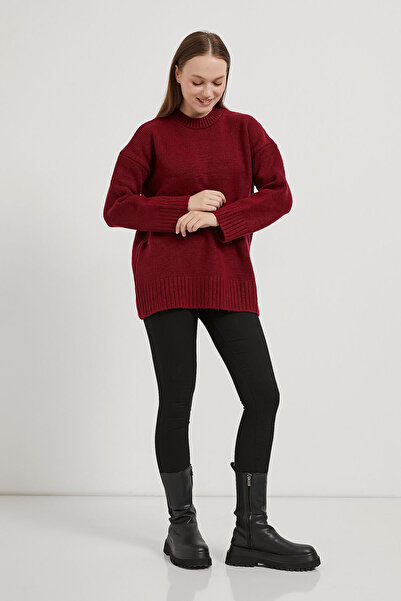 Arma Life Women's Crew Neck Loose Basic Burgundy Oversize Sweater
