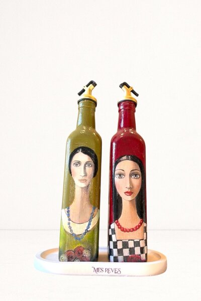 Mes Reves Handmade Artistic Oil Pot Set, Glass Bottle Design with Female Portrait, Vinegar Cruet & Sauce Bottle