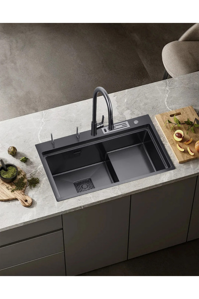 Trendy's Black Stainless Steel Double Kitchen Sink 78×46 cm with Chopping Board and Accessories, Nano Coating