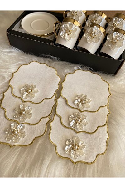 BÜŞRA Kahve yanı sunum peçetesi takımı 6 lı peçete 6 lı fincan takımı gold