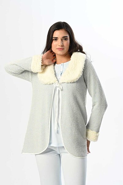 Lohussa Kadın Mavi Pelus Yakalı Dantelli Kışlık Özel Tasarım Lohusa Hamile Sabahlık Pijama Takımı Seti