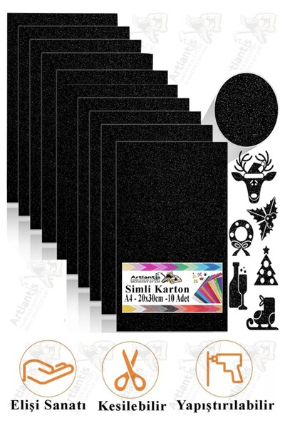 Artlantis Siyah Simli Karton A4 20x30 cm 10 lu 1 Paket Simli Fon Kartonu Parıltılı Kağıt Anasınıfı Kreş Etkinl