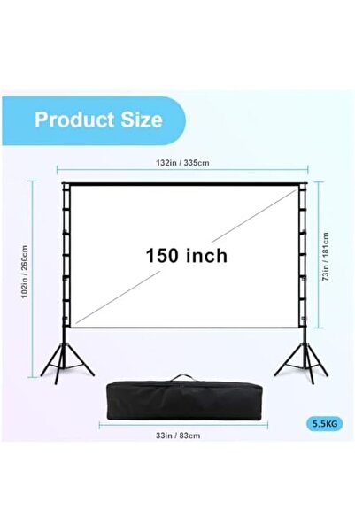 Wownect Projector Screen with Stand, 150 Inch Portable Indoor Outdoor Projection Screen 16:9 HD 4K W