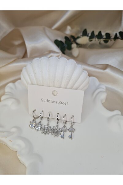 ZEYM COLLECTION Paslanmaz Çelik 5'li Asimetrik Zirkon Taşlı Şık Halka Küpe Seti – Kalpli, Kar Tanesi