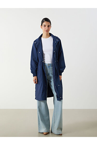 LC Waikiki Navy Blue Women's Hooded Plain Raincoat