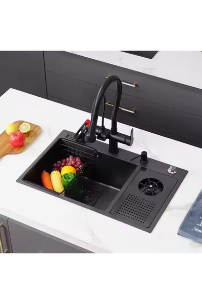 Trendy's Chiuvetă Bucătărie Neagră 72×45 cm din Inox Premium cu Acoperire Nano