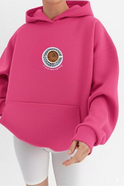 NO 601 Women's Dark Pink 3-Thread Cotton Inside C2 Level Coffee Addiction Printed Hooded Sweatshirt