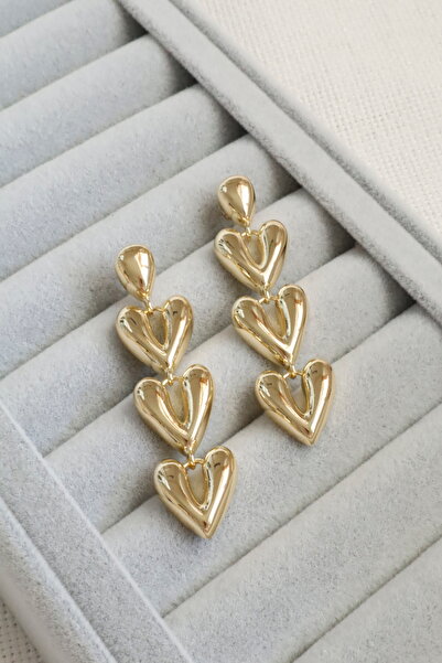 DEMOKAN Kadın Küpe Kararmaz 14k Renk Vip Seri Üç Kalp Sallantı 6 cm Küpe