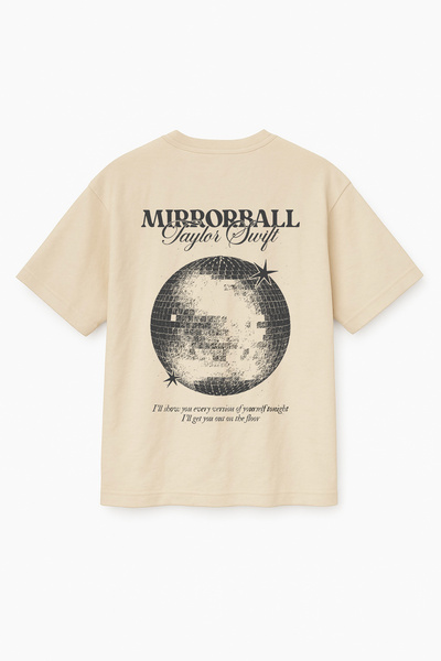 Altair Tr تي شيرت كبير الحجم باللون البيج للجنسين مطبوع عليه كرة المرايا من ت...