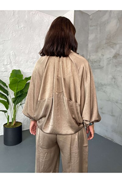 Elif Özbey Butik Mink Front Zipper Bomber Satin Jacket