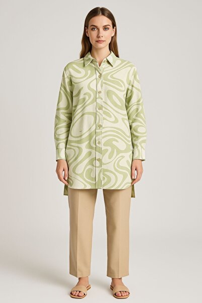 SheLoria Women's Green Patterned Midi Hijab Modal Shirt