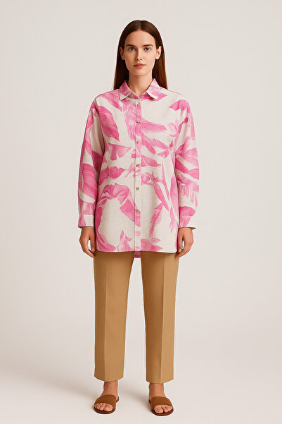 SheLoria Women's Pink Patterned Midi Hijab Linen Shirt