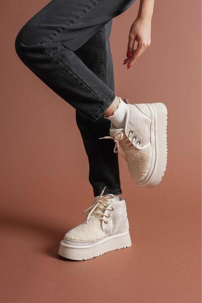 yezy shoes Γυναικείες ορθοπεδικές μπότες από δέρμα αγελάδας με χοντρή σόλα με γούνα εσωτερικά και εξωτερικά