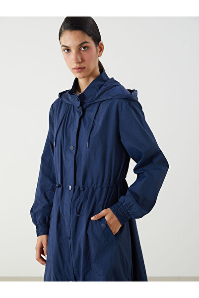 LC Waikiki Navy Blue Women's Hooded Plain Raincoat