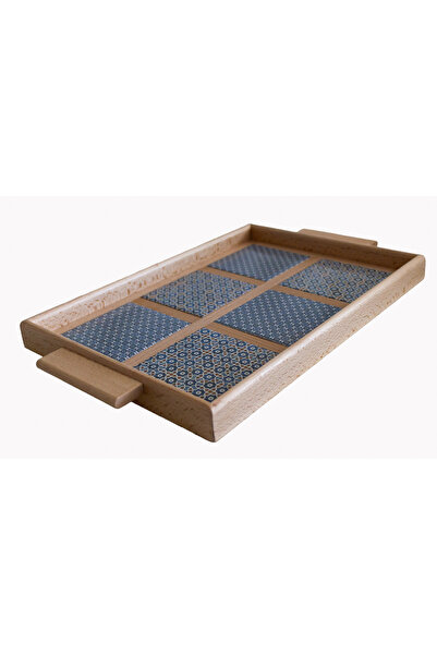 Kumiko Art Wooden tray decorated with 6 tile tiles, 43x26x3 cm.