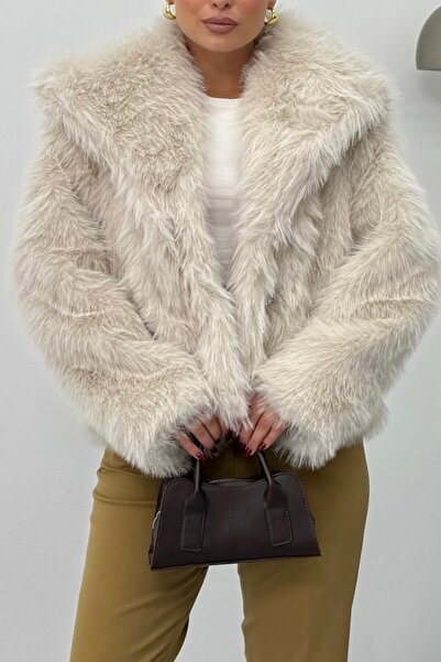 spirituel Women's Fur Coat Stylish Wide Collar Lined Snap Button Premium Fur Coat