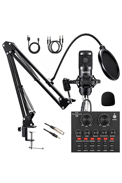 DRİTON Bm-800 + V8 Ses Karti Siyah Podcast Tiktok Youtube Yayinci Condenser Mikrofon Set