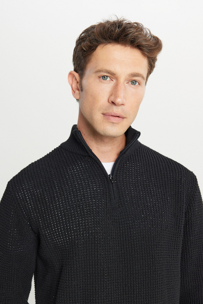 AC&Co / Altınyıldız Classics Чоловічий чорний бавовняний стандартний крій нормальний крій на блискавці з коміром-стійкою жакардовий трикотажний светр