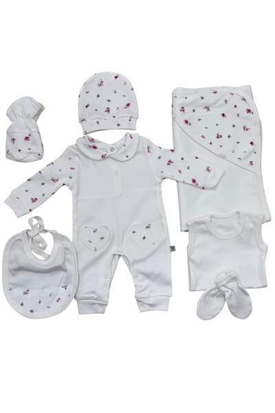 Baby day 6-piece newborn baby girl's set, white cotton, printed with roses and hearts