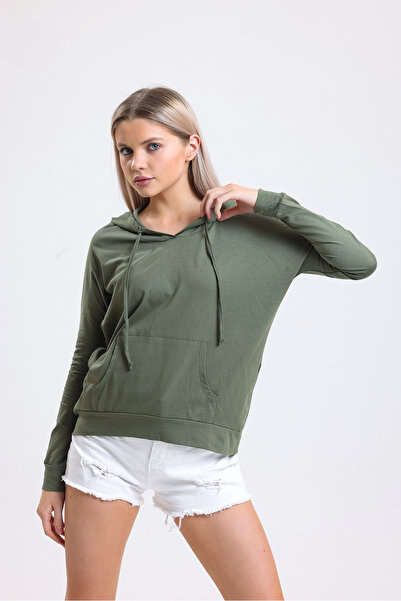 ladyzey γυναικείο μακρυμάνικο φούτερ με κουκούλα χακί και τσέπες καγκουρό