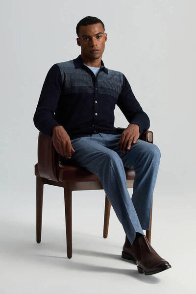 Hemington Merino Yün Pamuk Karışım Şerit Desenli Düğmeli Lacivert Triko Gömlek