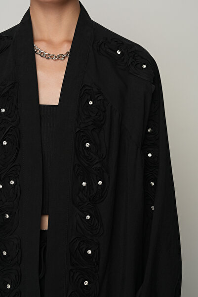 Orfeo Negro Women's Stripe Rose and Stone Detailed Plain Oversize Kimono