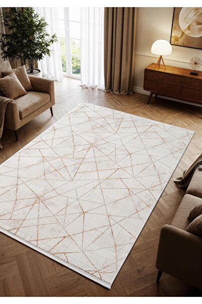 Cotto Home Porto PP002S Beyaz Gold Detaylı Akrilik Halı Yumuşak Dokulu Tozu A...