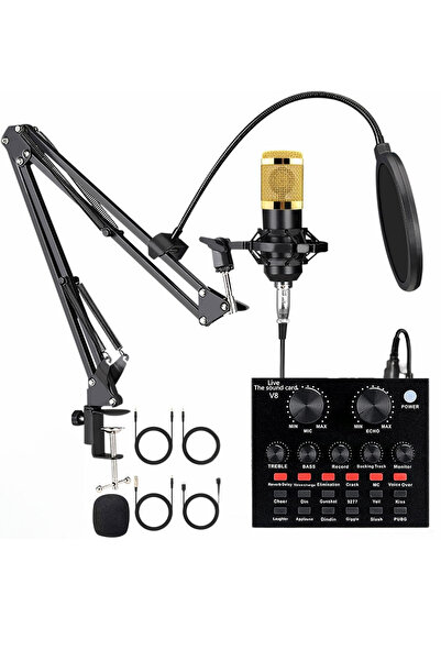 DRİTON Bm-800 + V8 Ses Karti SARI Podcast Tiktok Youtube Yayinci Condenser Mikrofon Set
