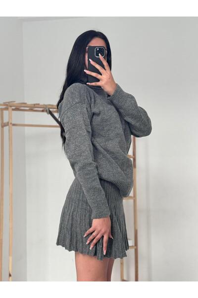 Mooi Butik Turtleneck Sweater - Pleated Skirt RORY Set 2585 - Anthracite