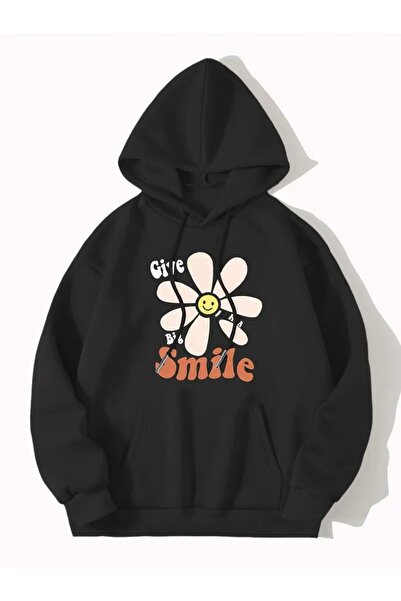 FUFLUNS سويت شيرت بقلنسوة كبير الحجم مطبوع عليه "Give Smile" للجنسين