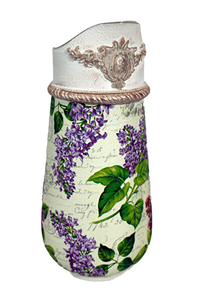 Kumiko Art Glass carafe decorated with lilac flowers, 13x11x 26.5 cm.