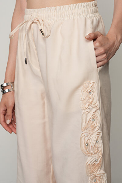 Orfeo Negro Women's Stripe Rose and Stone Detailed Solid Color Elastic Waist Wide Leg Trousers