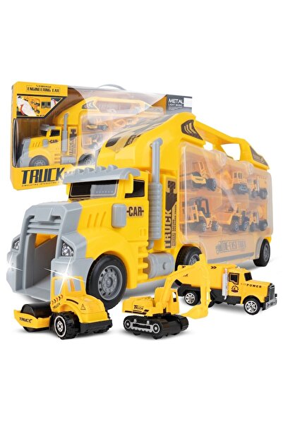 SOLTOY Camion cu 6 Masini de Constructie, Sunete si Lumini, Panou Transparent, Iesire Speciala pentru Masi