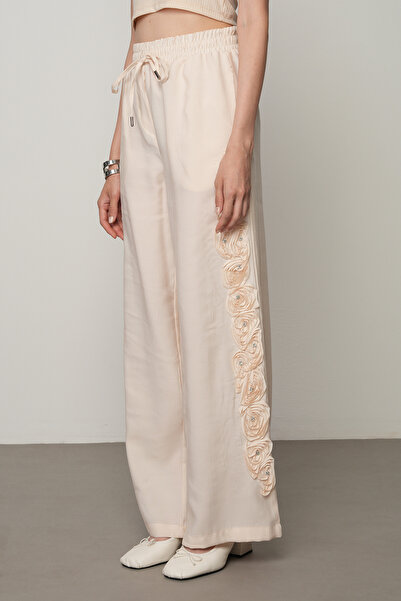 Orfeo Negro Women's Stripe Rose and Stone Detailed Solid Color Elastic Waist Wide Leg Trousers