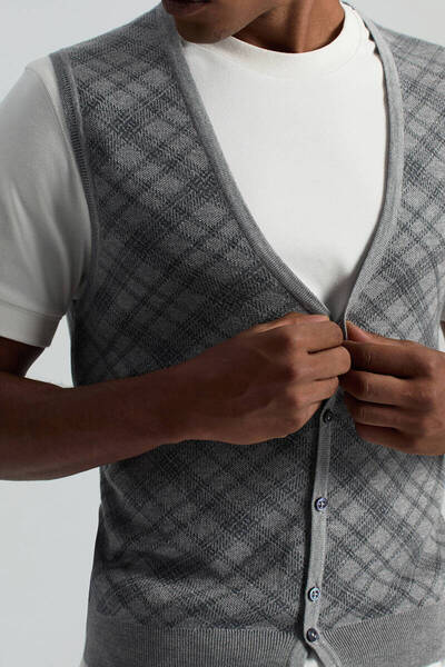Hemington Merino Yün Baklava Desen Açık Gri Yelek