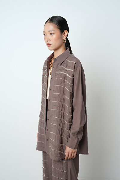 Orfeo Negro Women's Horizontal Stripe Stone Embroidered Solid Color Oversize Shirt