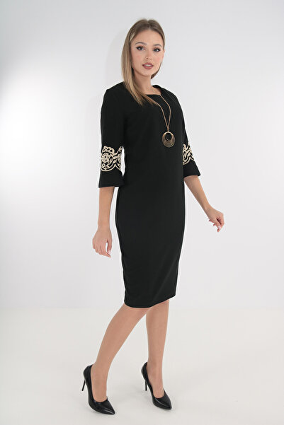 Vanessa Line RO Κομψό μαύρο φόρεμα με φλοράλ κέντημα στα μανίκια