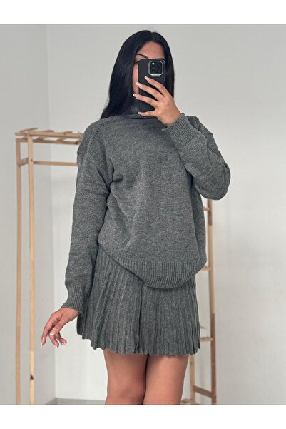 Mooi Butik Πουλόβερ ζιβάγκο - Πλισέ Φούστα RORY Σετ 2585 - Ανθρακί