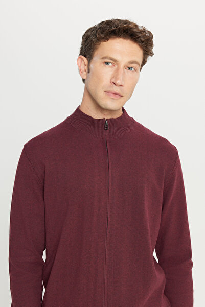 AC&Co / Altınyıldız Classics Men's Burgundy Cotton Zippered Mock Neck Knitwear Cardigan Jacket Standard Fit Regular Cut