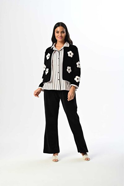 Lohussa Women's Black Front Buttoned Winter Special Design Maternity Maternity Dressing Gown Pajama Set