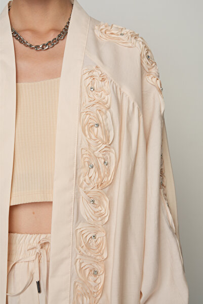 Orfeo Negro Women's Stripe Rose and Stone Detailed Plain Oversize Kimono