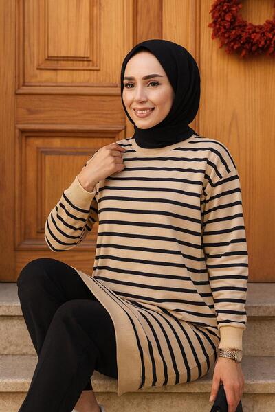 Sfg Life Moda Women's Hijab Clothing Crew Neck Front Striped Two Thread Large Size Tunic