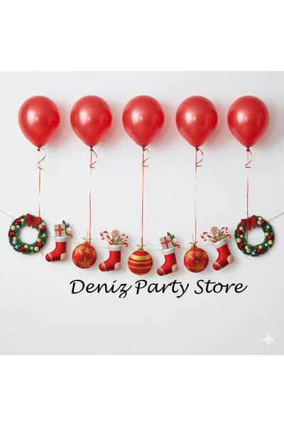 Deniz Party Store 5 Adet Kırmızı Balonlu Yılbaşı Dekoratif Banner Çelenk Duvar Süsü ( Tek Tarafı Baskılıdır )